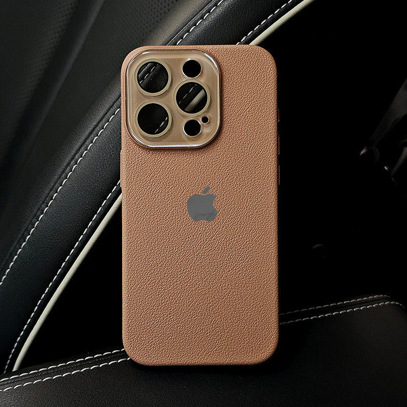 Leather Texture iPhone Case with Logo Cutout – Slim Protective Cover for iPhone 14 / 15 / 16 / 17 Series