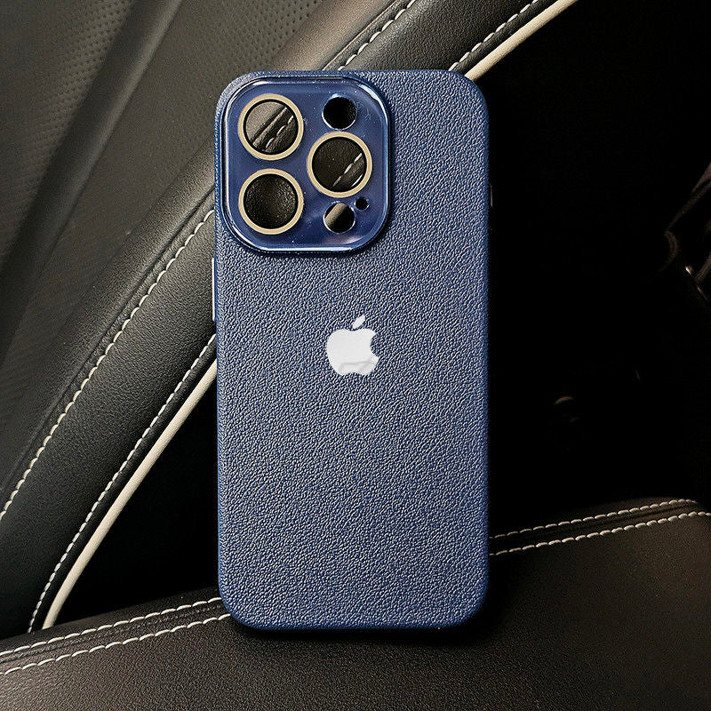 Leather Texture iPhone Case with Logo Cutout – Slim Protective Cover for iPhone 14 / 15 / 16 / 17 Series