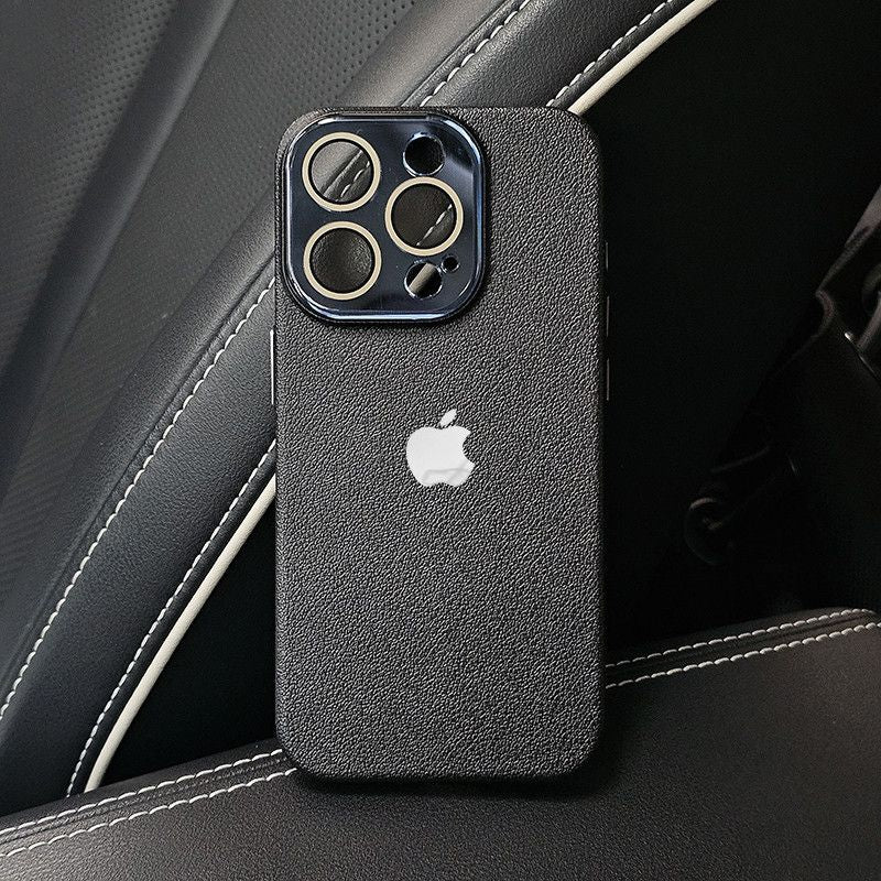 Leather Texture iPhone Case with Logo Cutout – Slim Protective Cover for iPhone 14 / 15 / 16 / 17 Series