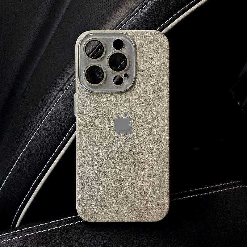 Leather Texture iPhone Case with Logo Cutout – Slim Protective Cover for iPhone 14 / 15 / 16 / 17 Series