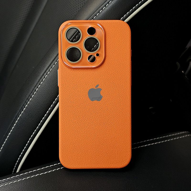 Leather Texture iPhone Case with Logo Cutout – Slim Protective Cover for iPhone 14 / 15 / 16 / 17 Series