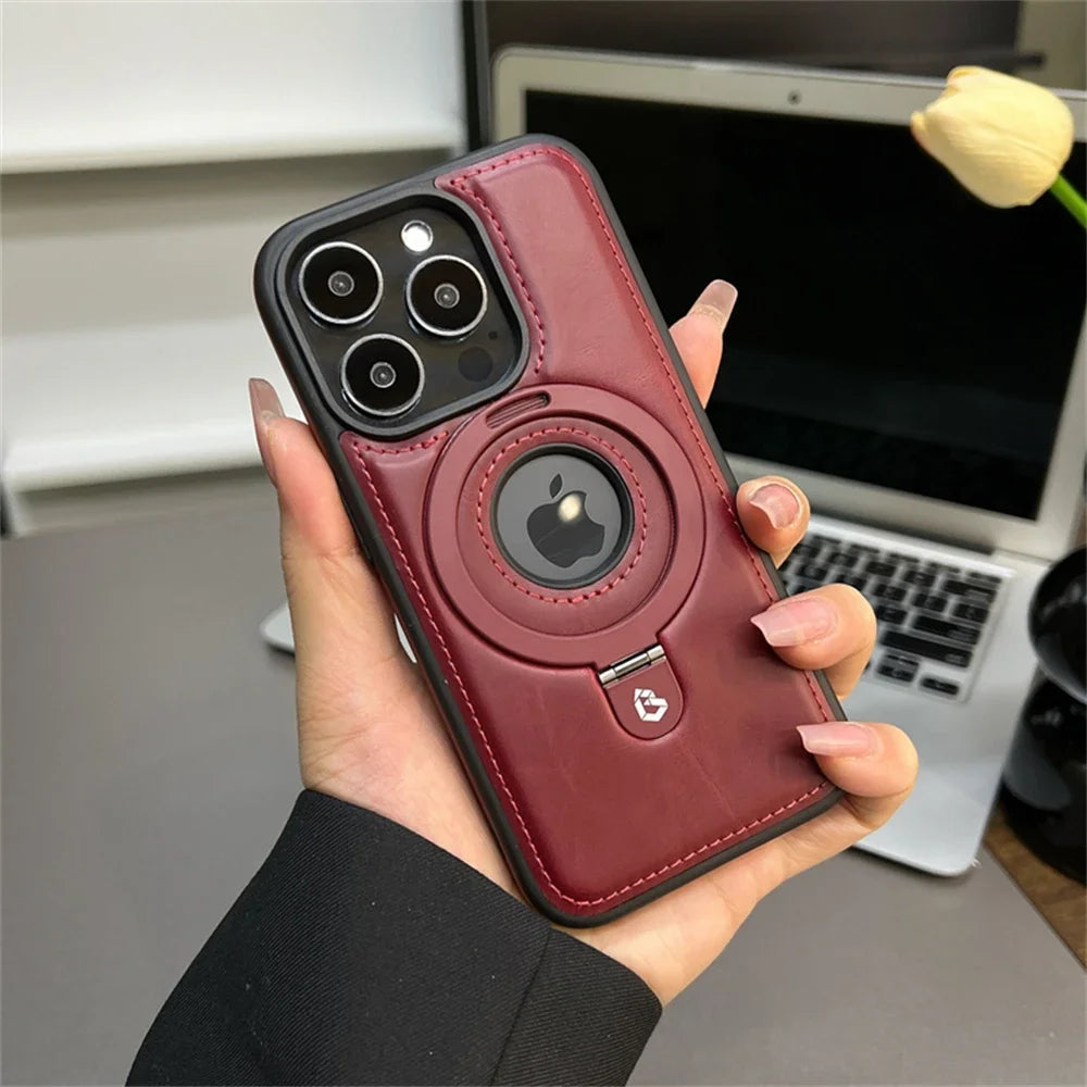 PU Leather MagSafe Ring Stand Case for iPhone 12 / 13 / 14 / 15 / 16 / 17 – Magnetic Kickstand Cover with 360° Ring Holder & Wireless Charging Support