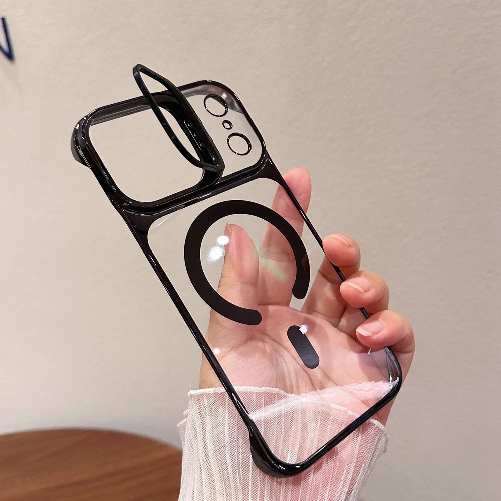 Clear Borderless MagSafe Case with Lens Bracket for iPhone 13 / 14 / 15 / 16 / 17 / Pro / Pro Max – Transparent Frameless Cover with Camera Lens Protector & Wireless Charging Support