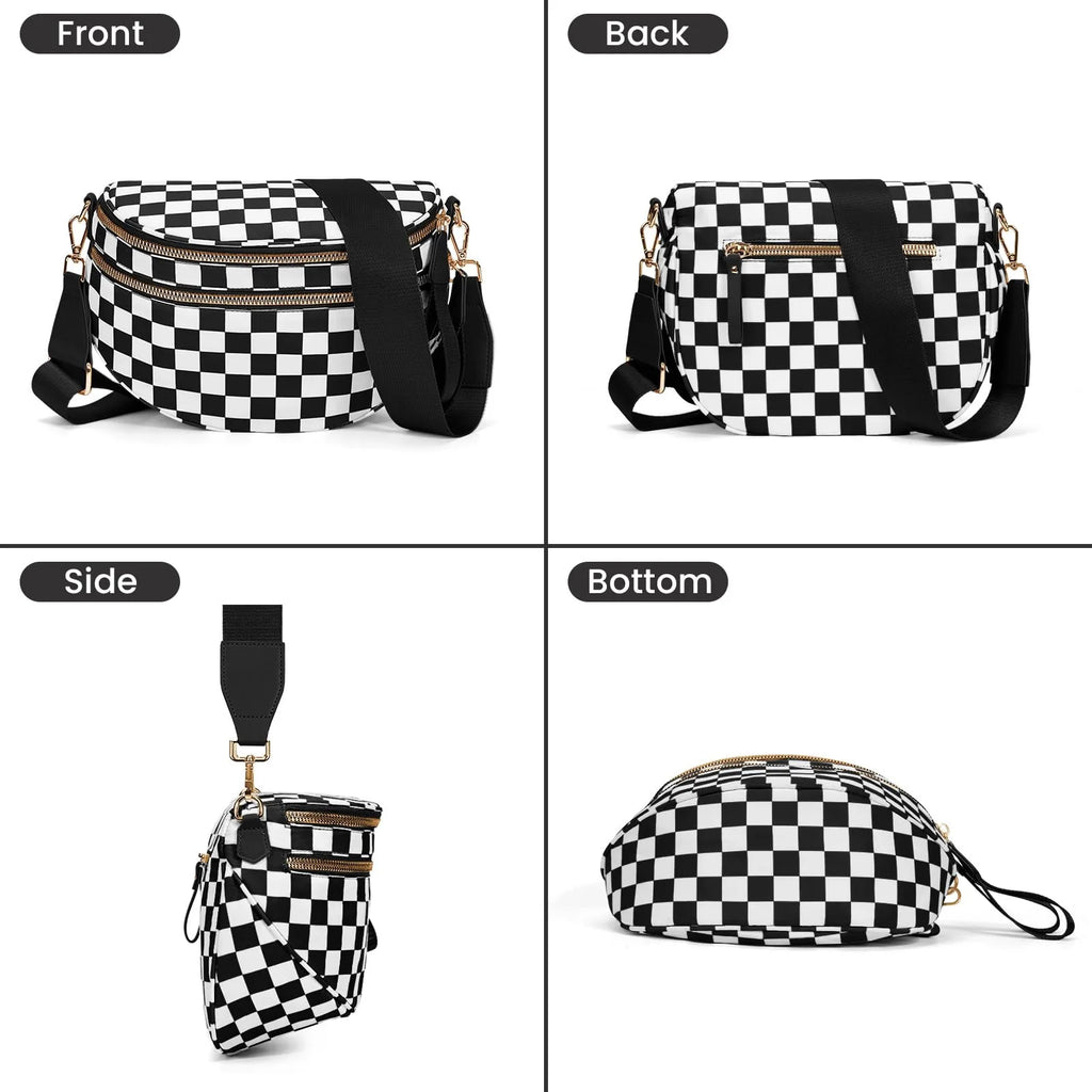 GridLine Black & White Checkered Bum Bag – Spacious Nylon Crossbody Bag for Women