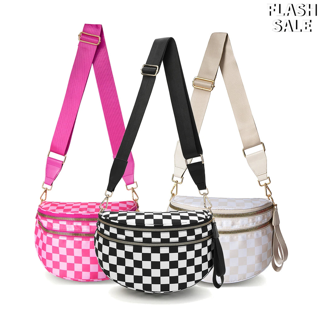 GridLine Black & White Checkered Bum Bag – Spacious Nylon Crossbody Bag for Women