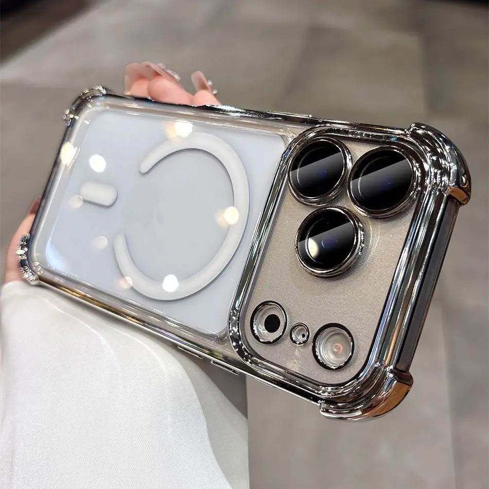 Luxury Clear Airbag MagSafe Case for iPhone 11 / 12 / 13 / 14 / 15 / 16 / 17 / Pro / Pro Max – Transparent Shockproof TPU Cover with Corner Airbag Protection & Wireless Charging Support
