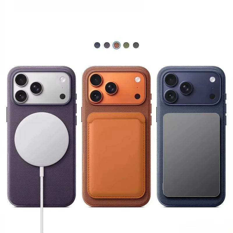 Tech-Woven Faux Leather MagSafe iPhone Case – Textured Fabric Cover for iPhone 13 / 14 / 15 / 16 / 17 Series with Wireless Charging Support & Slim Fit Design
