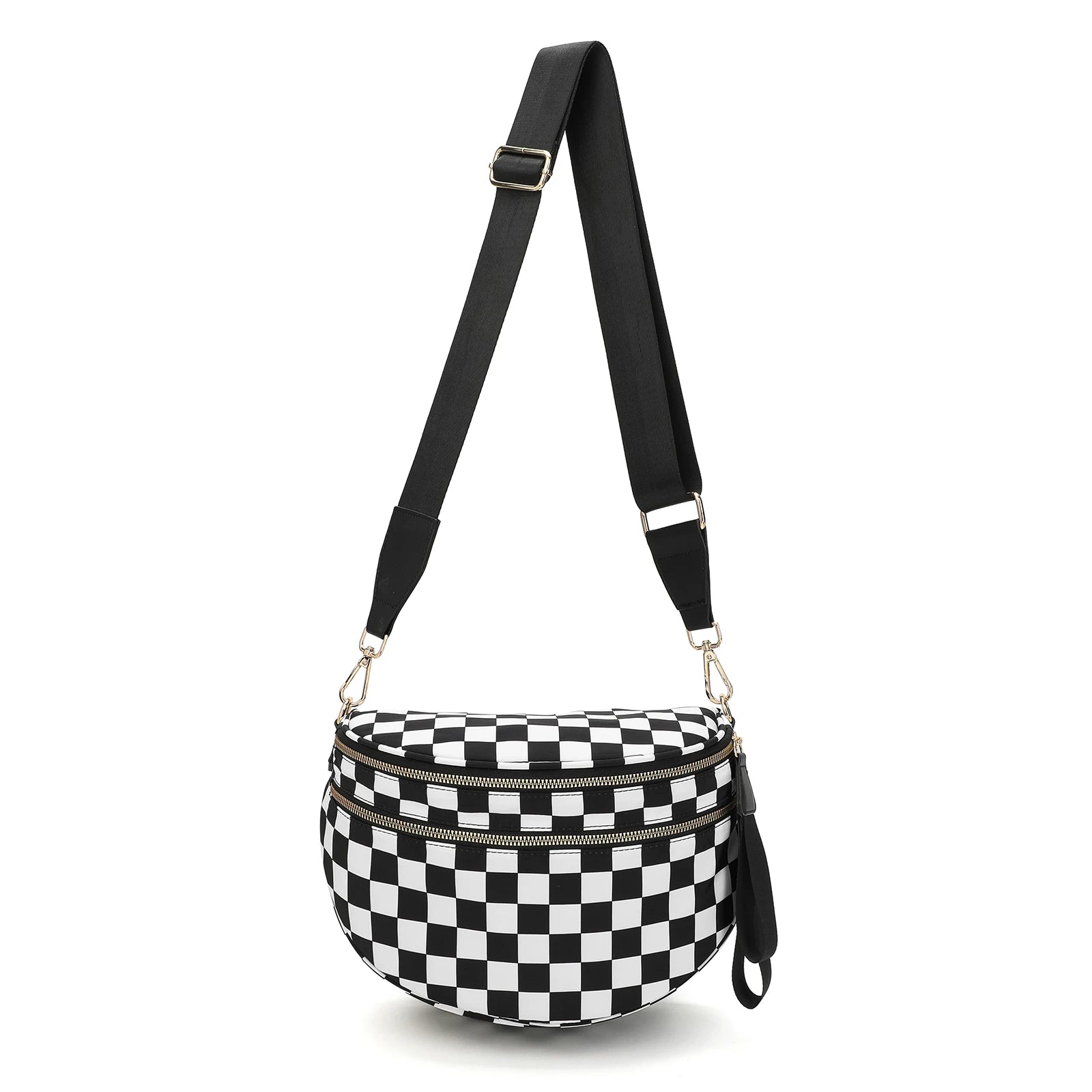 GridLine Black & White Checkered Bum Bag – Spacious Nylon Crossbody Bag for Women