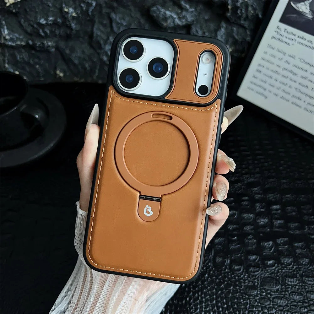 PU Leather MagSafe Ring Stand Case for iPhone 12 / 13 / 14 / 15 / 16 / 17 – Magnetic Kickstand Cover with 360° Ring Holder & Wireless Charging Support