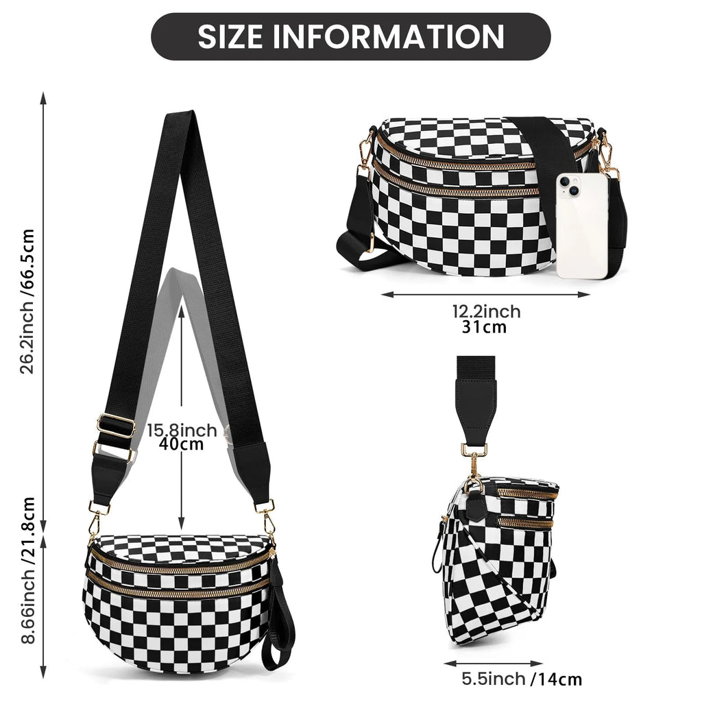 GridLine Black & White Checkered Bum Bag – Spacious Nylon Crossbody Bag for Women