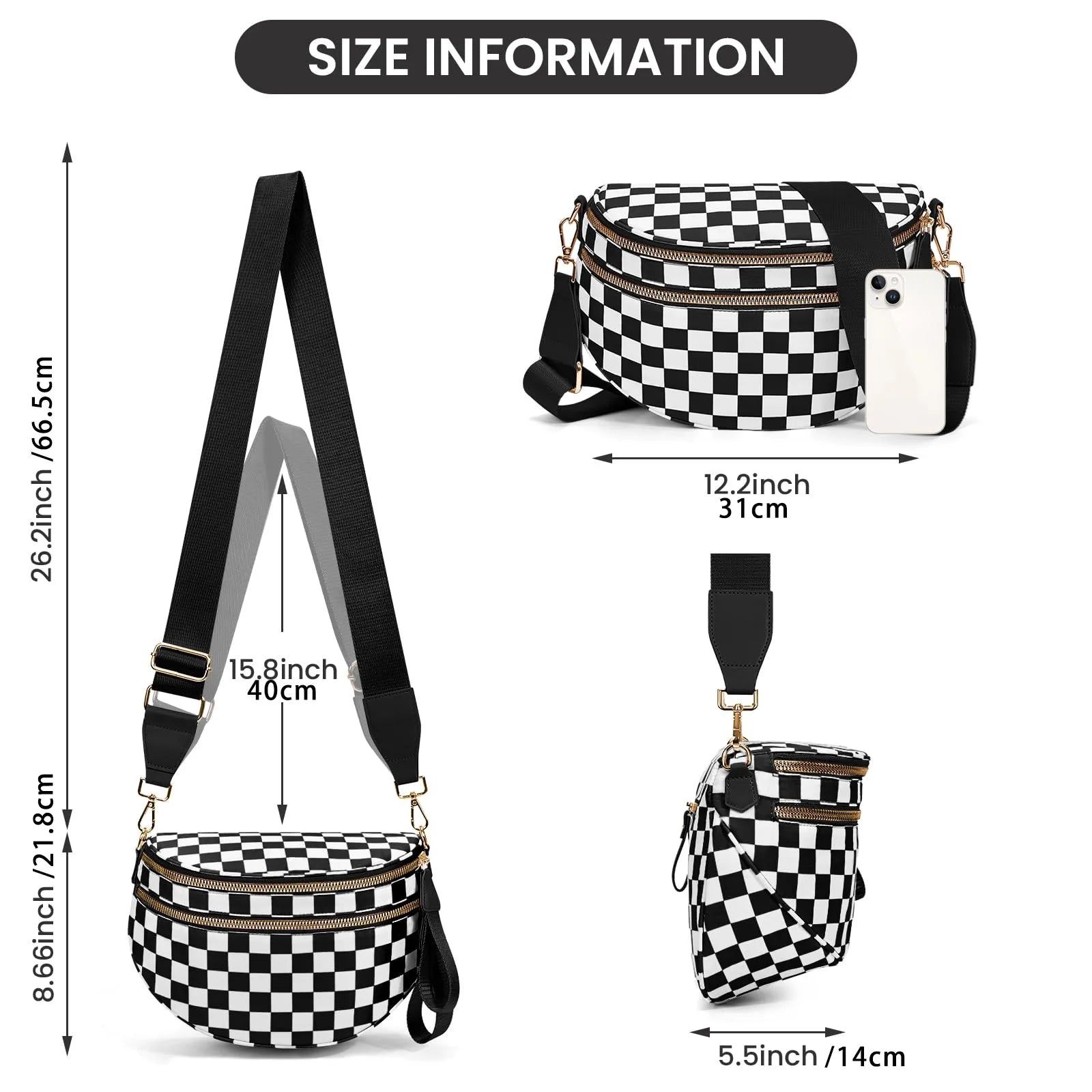 GridLine Black & White Checkered Bum Bag – Spacious Nylon Crossbody Bag for Women