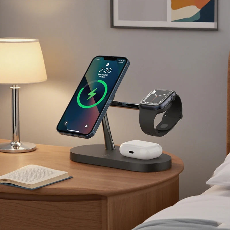 3-in-1 Wireless Charging Pad for iPhone, Apple Watch & AirPods – Fast MagSafe Compatible Charging Station for All iPhone 15 / 16 / 17 & iWatch Series