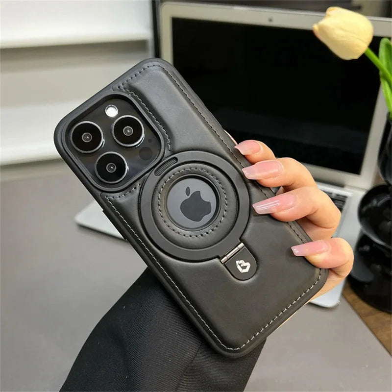 PU Leather MagSafe Ring Stand Case for iPhone 12 / 13 / 14 / 15 / 16 / 17 – Magnetic Kickstand Cover with 360° Ring Holder & Wireless Charging Support