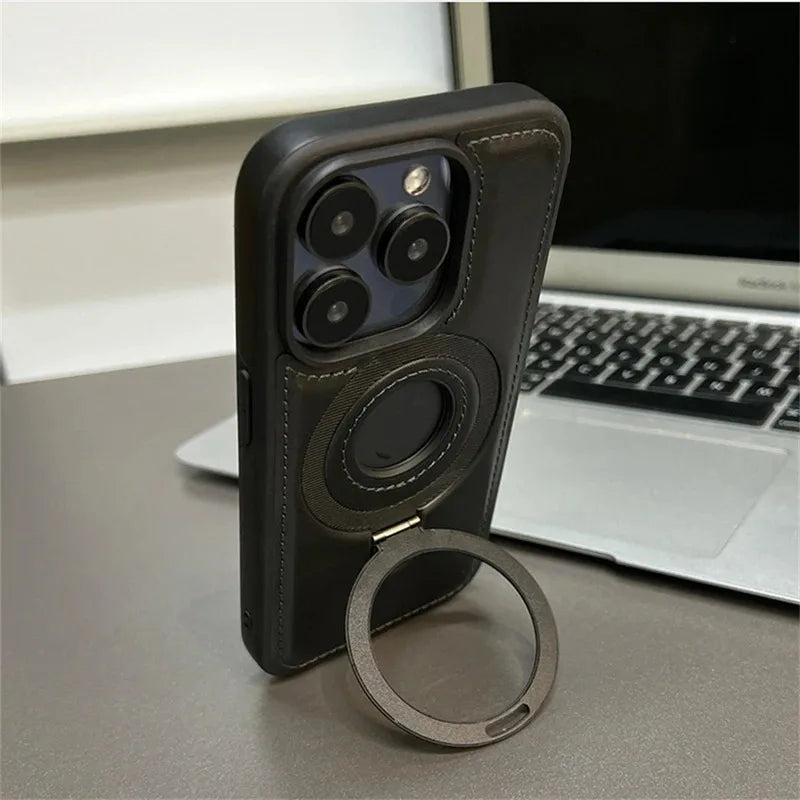 PU Leather MagSafe Ring Stand Case for iPhone 12 / 13 / 14 / 15 / 16 / 17 – Magnetic Kickstand Cover with 360° Ring Holder & Wireless Charging Support