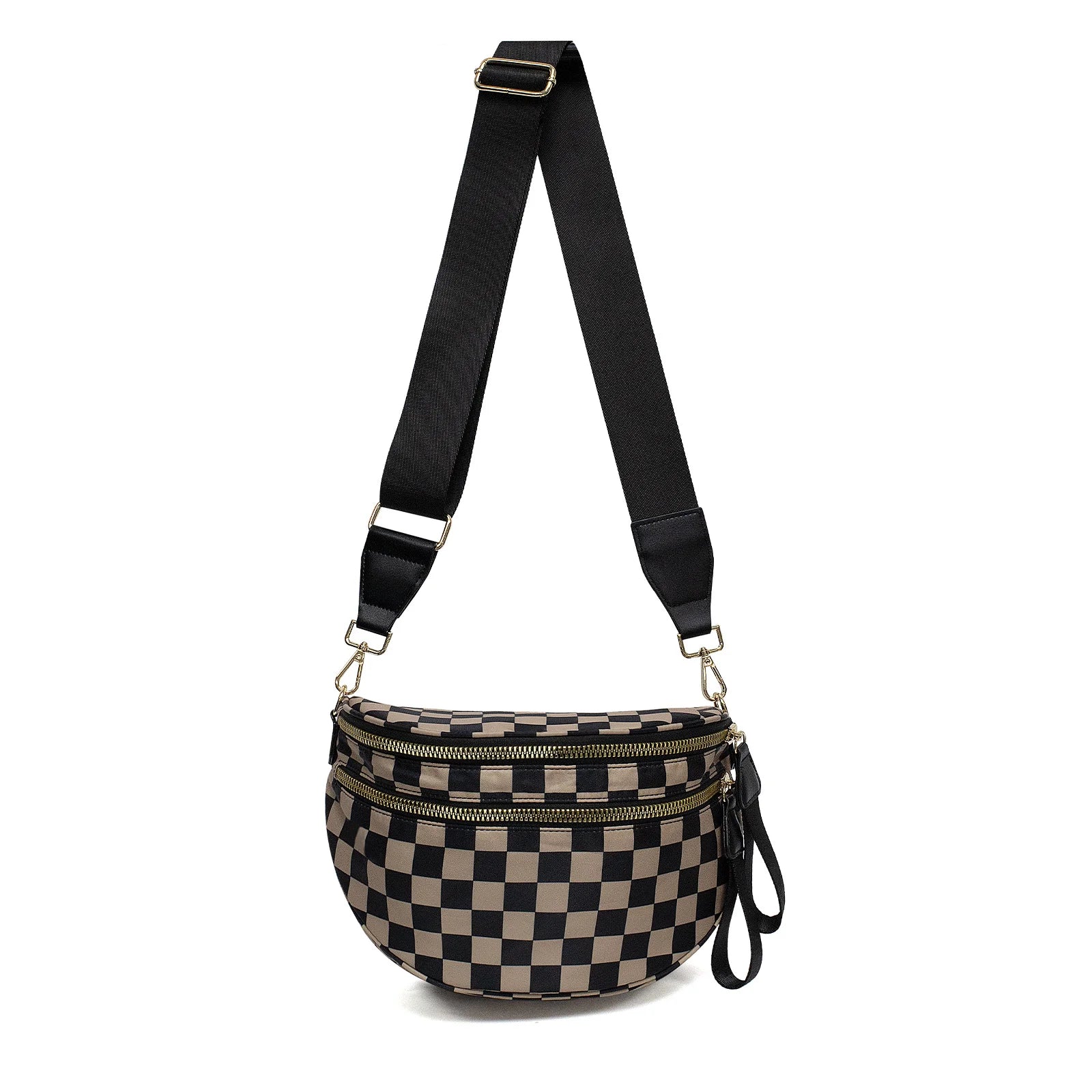 GridLine Black & White Checkered Bum Bag – Spacious Nylon Crossbody Bag for Women