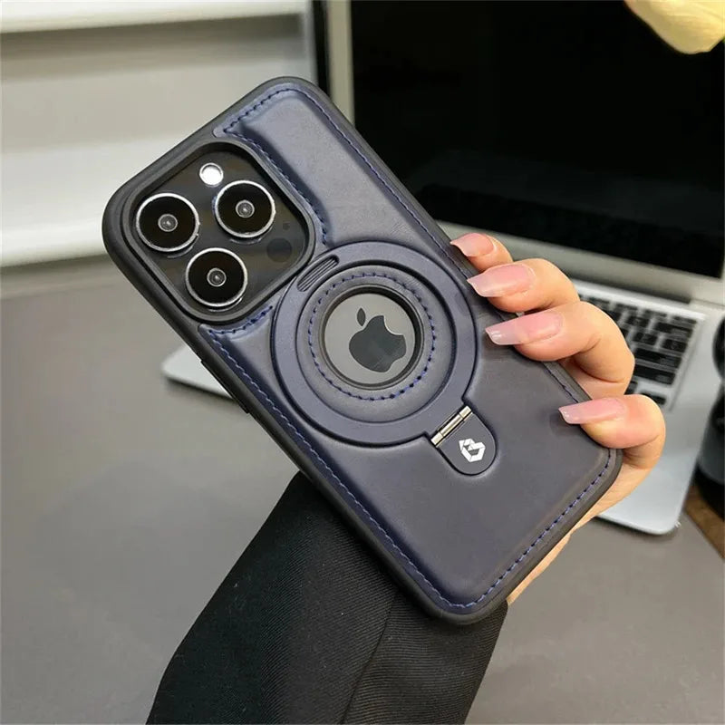 PU Leather MagSafe Ring Stand Case for iPhone 12 / 13 / 14 / 15 / 16 / 17 – Magnetic Kickstand Cover with 360° Ring Holder & Wireless Charging Support