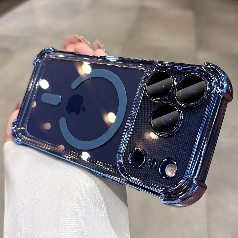 Luxury Clear Airbag MagSafe Case for iPhone 11 / 12 / 13 / 14 / 15 / 16 / 17 / Pro / Pro Max – Transparent Shockproof TPU Cover with Corner Airbag Protection & Wireless Charging Support