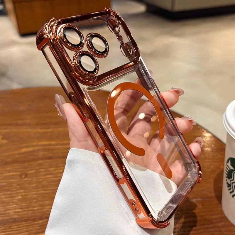 Luxury Clear Airbag MagSafe Case for iPhone 11 / 12 / 13 / 14 / 15 / 16 / 17 / Pro / Pro Max – Transparent Shockproof TPU Cover with Corner Airbag Protection & Wireless Charging Support