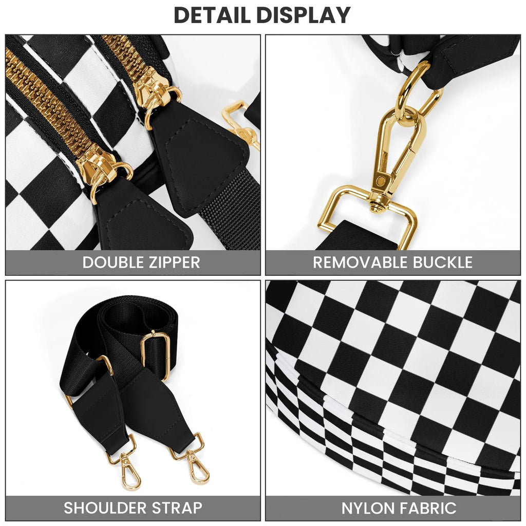 GridLine Black & White Checkered Bum Bag – Spacious Nylon Crossbody Bag for Women