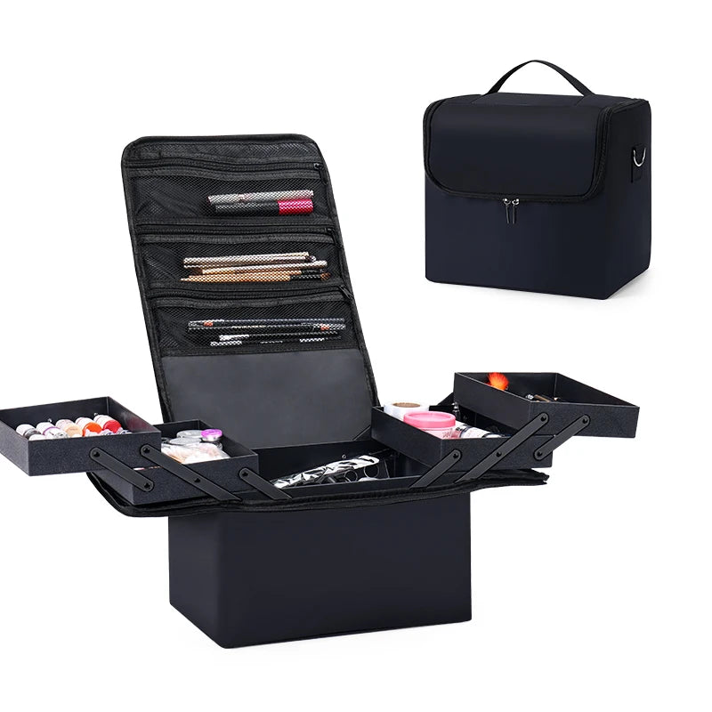 Large Expandable Makeup Train Case for Women – 4-Tier Professional Travel Organizer with Mirror & Lockable Zipper