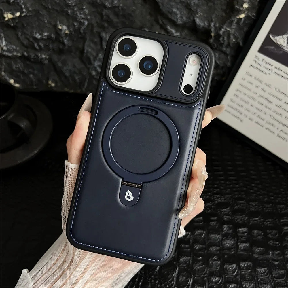 PU Leather MagSafe Ring Stand Case for iPhone 12 / 13 / 14 / 15 / 16 / 17 – Magnetic Kickstand Cover with 360° Ring Holder & Wireless Charging Support