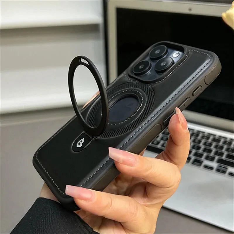 PU Leather MagSafe Ring Stand Case for iPhone 12 / 13 / 14 / 15 / 16 / 17 – Magnetic Kickstand Cover with 360° Ring Holder & Wireless Charging Support