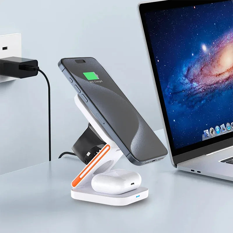 3-in-1 Wireless Charging Dock for Apple Watch, AirPods & iPhone – Fast Charge Station Compatible with MagSafe, All iWatch Series & AirPods Pro