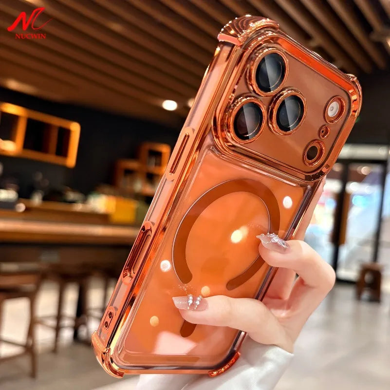 Luxury Clear Airbag MagSafe Case for iPhone 11 / 12 / 13 / 14 / 15 / 16 / 17 / Pro / Pro Max – Transparent Shockproof TPU Cover with Corner Airbag Protection & Wireless Charging Support