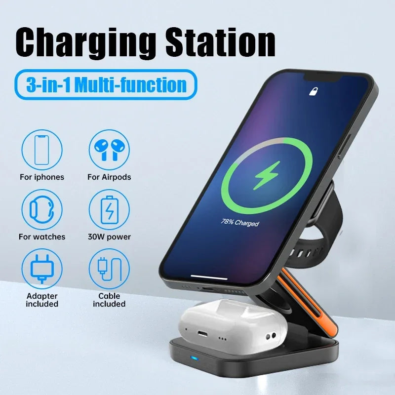 3-in-1 Wireless Charging Dock for Apple Watch, AirPods & iPhone – Fast Charge Station Compatible with MagSafe, All iWatch Series & AirPods Pro
