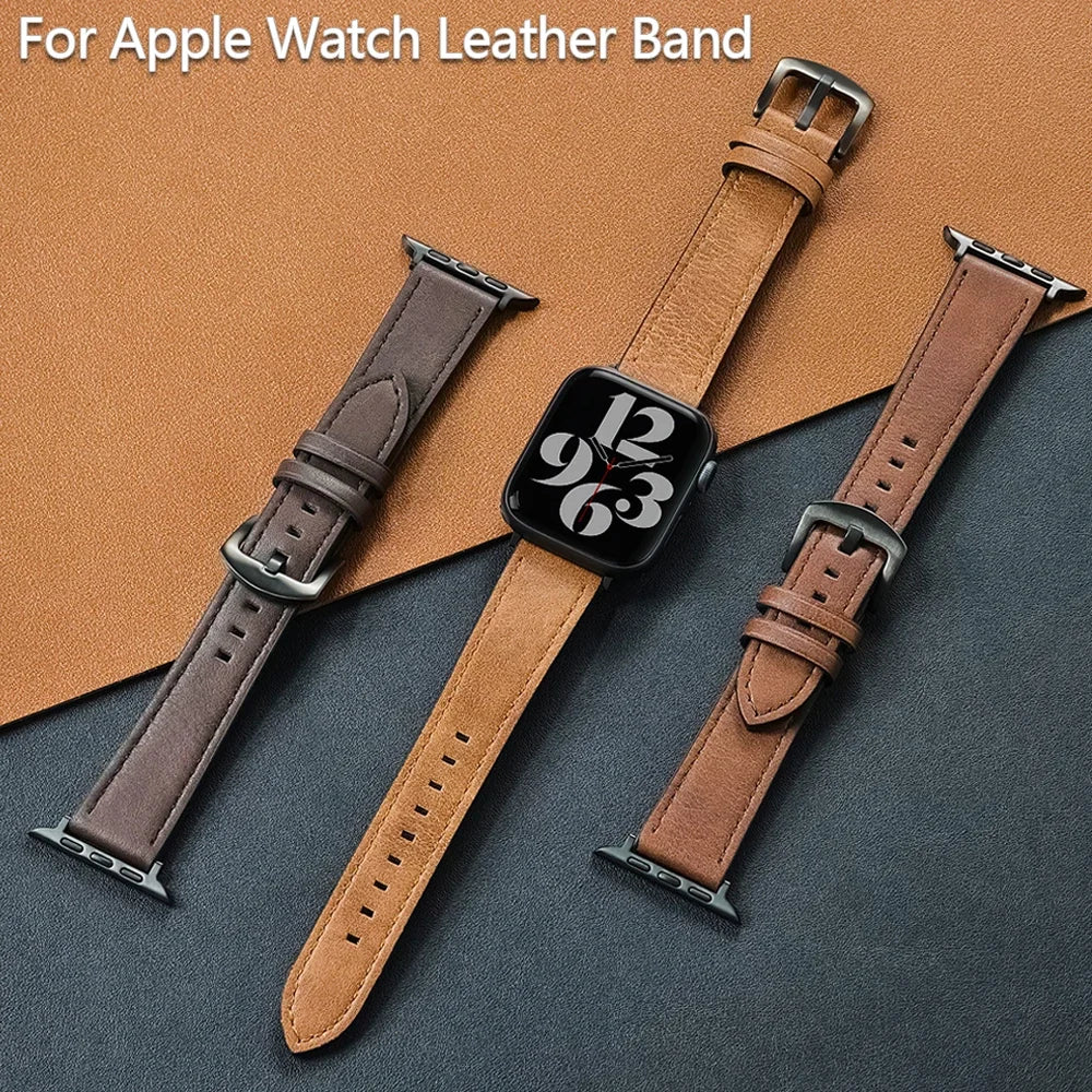 Genuine Leather Apple Watch Band – Classic Style Compatible with All Series Ultra 2 / Ultra / 9 / 8 / 7 / 6 / SE for Men & Women