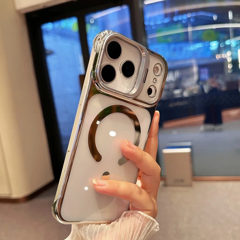 Clear Borderless MagSafe Case with Lens Bracket for iPhone 13 / 14 / 15 / 16 / 17 / Pro / Pro Max – Transparent Frameless Cover with Camera Lens Protector & Wireless Charging Support
