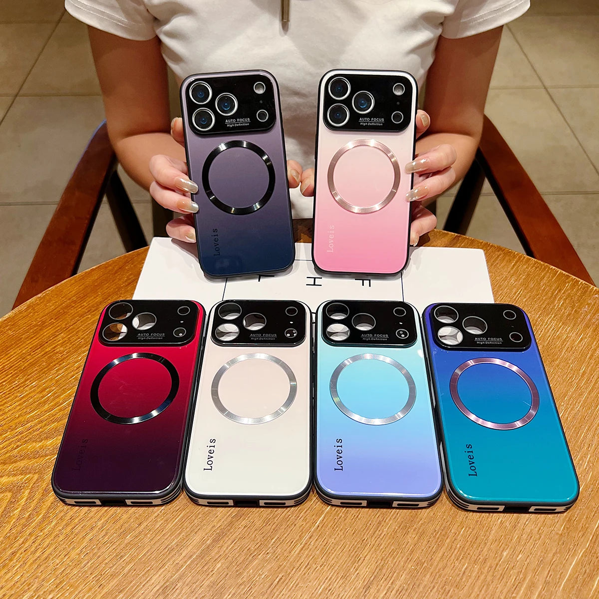 Magnetic Gradient Glass Case for iPhone 14 / 15 / 16 / 17 – MagSafe Compatible Shockproof Cover with Full Camera Lens Protection & Colorful Finish