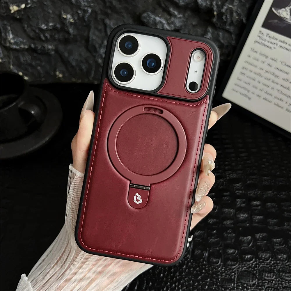 PU Leather MagSafe Ring Stand Case for iPhone 12 / 13 / 14 / 15 / 16 / 17 – Magnetic Kickstand Cover with 360° Ring Holder & Wireless Charging Support