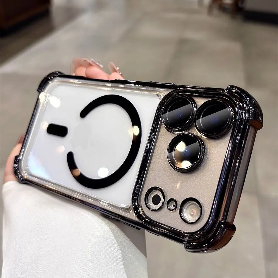 Luxury Clear Airbag MagSafe Case for iPhone 11 / 12 / 13 / 14 / 15 / 16 / 17 / Pro / Pro Max – Transparent Shockproof TPU Cover with Corner Airbag Protection & Wireless Charging Support