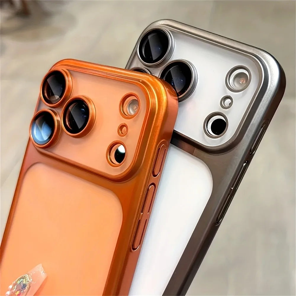Luxury Plated Transparent Matte Case with Lens Protection for iPhone 13 / 14 / 15 / 16 / 17 / Pro – Electroplated Shockproof Cover with Camera Guard & Slim Matte Finish