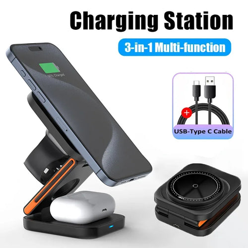 3-in-1 Wireless Charging Dock for Apple Watch, AirPods & iPhone – Fast Charge Station Compatible with MagSafe, All iWatch Series & AirPods Pro