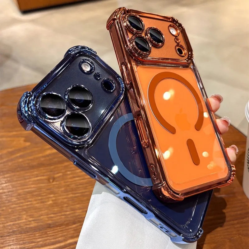 Luxury Clear Airbag MagSafe Case for iPhone 11 / 12 / 13 / 14 / 15 / 16 / 17 / Pro / Pro Max – Transparent Shockproof TPU Cover with Corner Airbag Protection & Wireless Charging Support