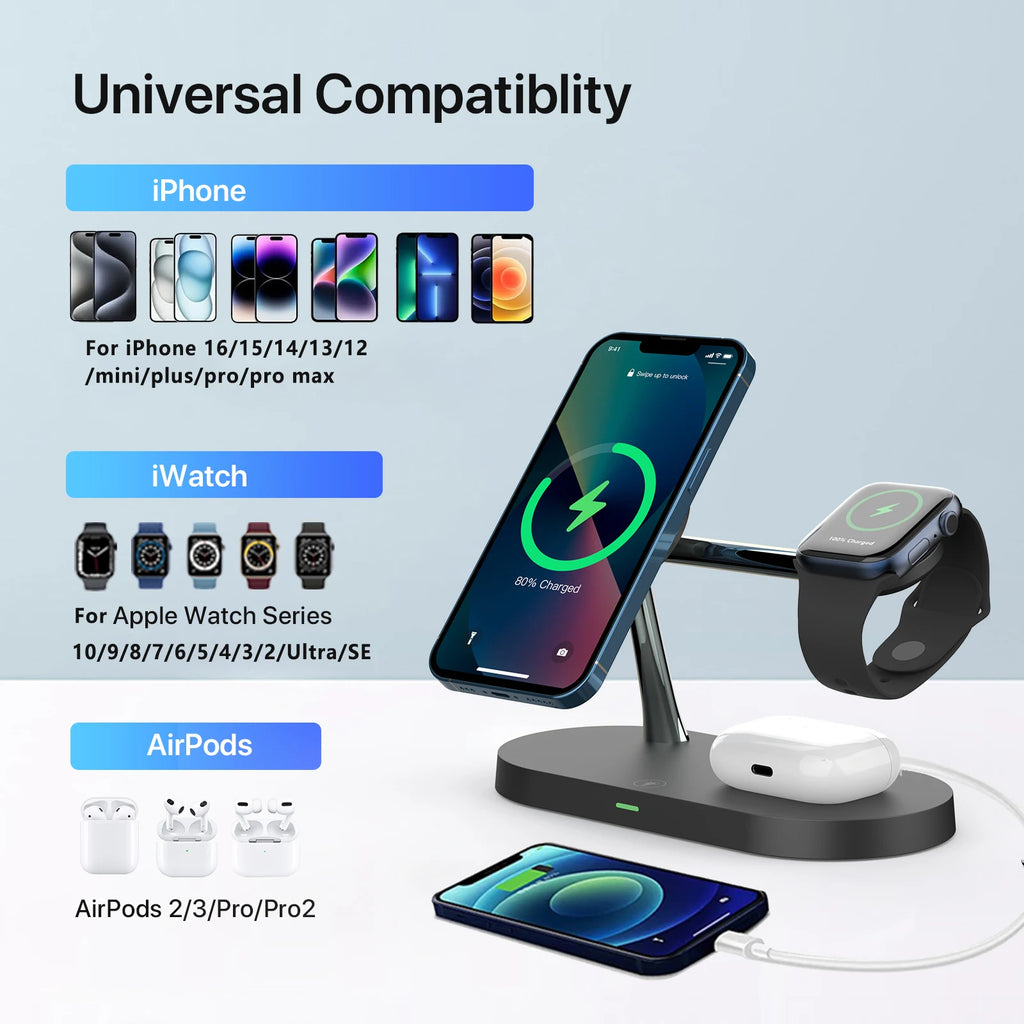 3-in-1 Wireless Charging Pad for iPhone, Apple Watch & AirPods – Fast MagSafe Compatible Charging Station for All iPhone 15 / 16 / 17 & iWatch Series