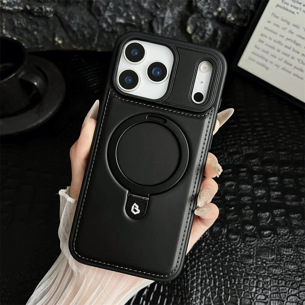 PU Leather MagSafe Ring Stand Case for iPhone 12 / 13 / 14 / 15 / 16 / 17 – Magnetic Kickstand Cover with 360° Ring Holder & Wireless Charging Support