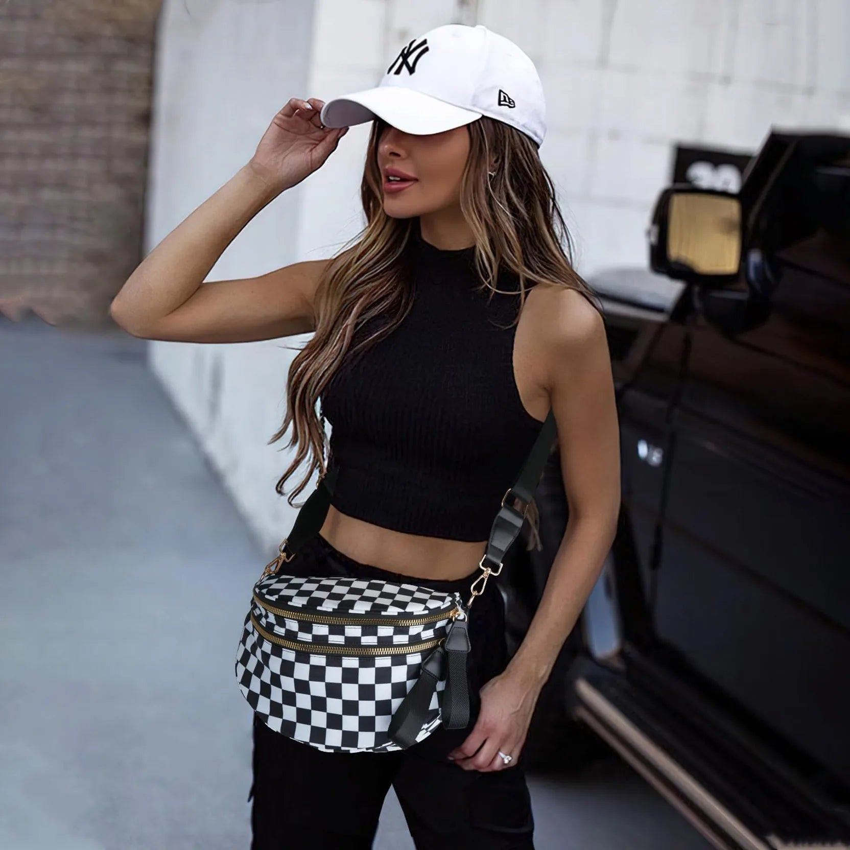 GridLine Black & White Checkered Bum Bag – Spacious Nylon Crossbody Bag for Women