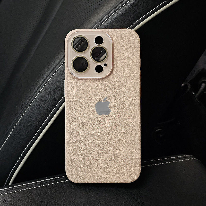 Leather Texture iPhone Case with Logo Cutout – Slim Protective Cover for iPhone 14 / 15 / 16 / 17 Series