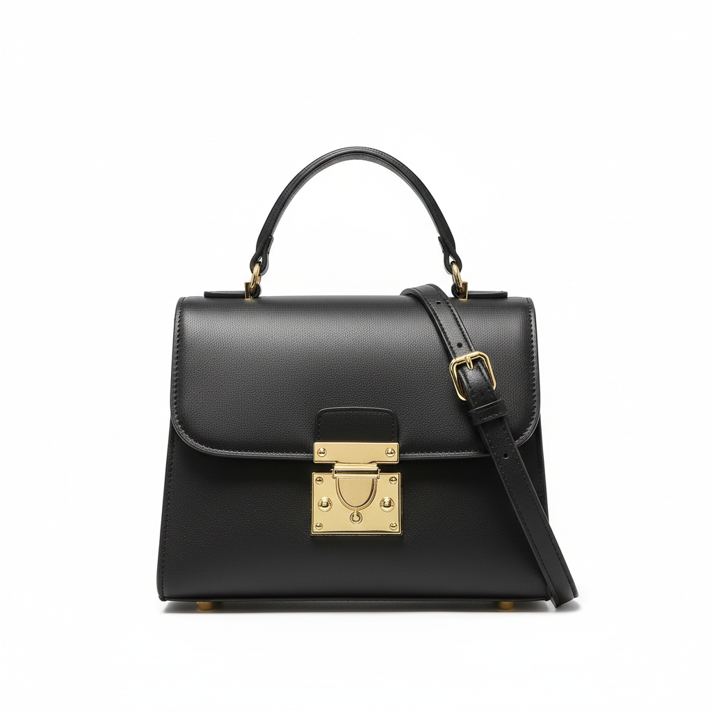 Black PU leather shoulder bag for women - vintage square satchel crossbody