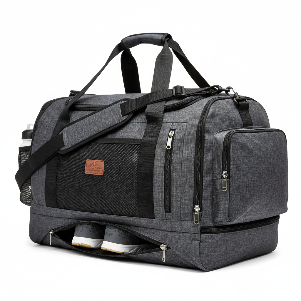 Large sports gym bag with shoe storage and multi-compartment travel duffel