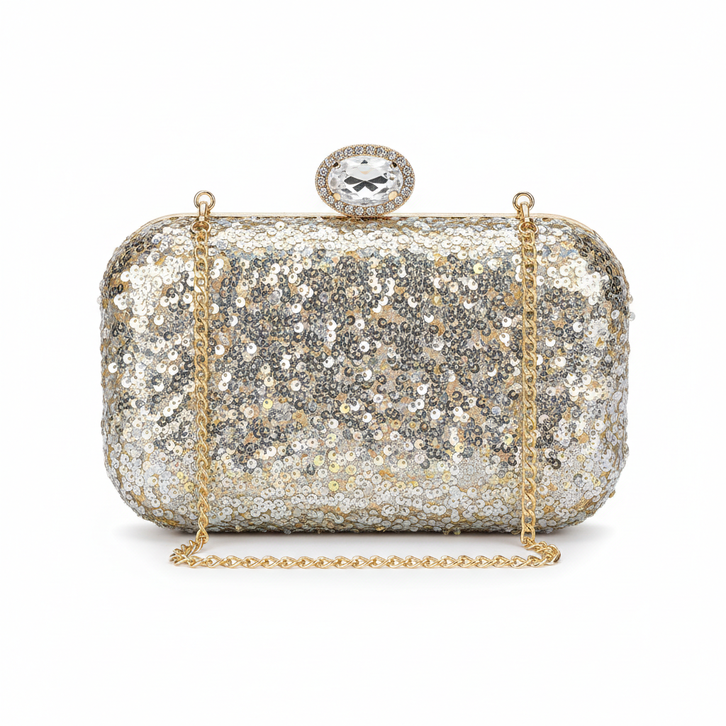 Glamorous shiny evening clutch bag for women with detachable chain strap